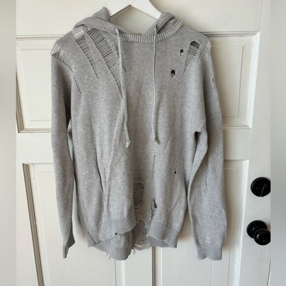 NWT Cashmere One Grey Day Revolve Gray Distressed Hoodie Sweatshirt - Picture 1 of 5
